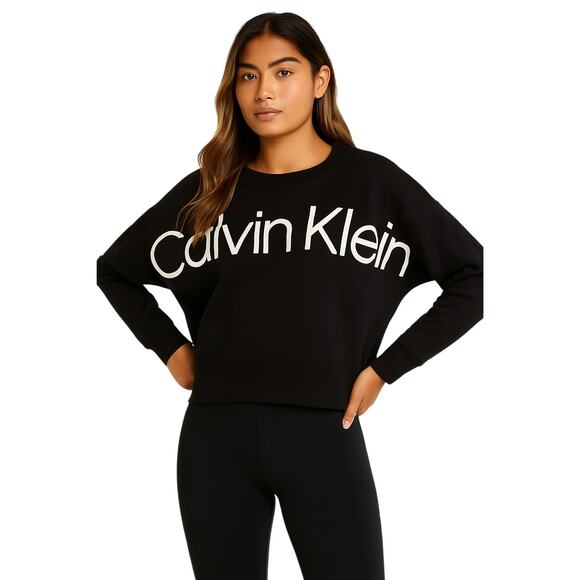 CALVIN KLEIN Performance Fleece Crop Sweatshirt in Black EUC Size Large - Picture 1 of 4